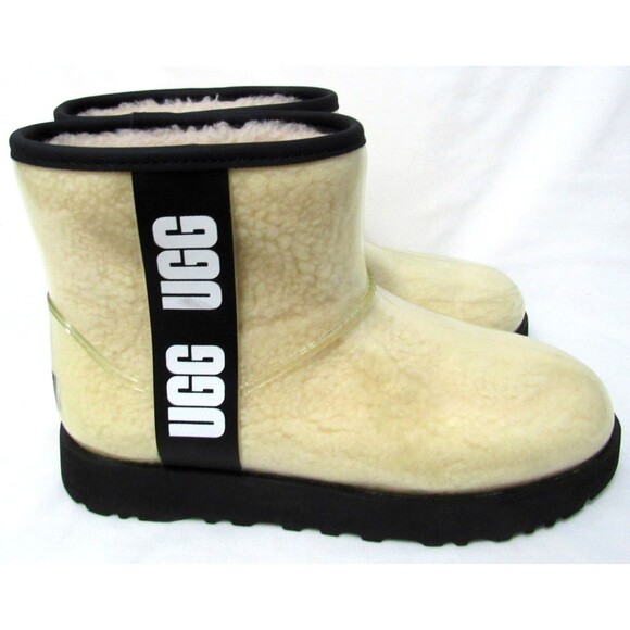 UGG Beige Shearling Lined Waterproof Logo Clear Pull On Boots Size 8 EUC - Picture 1 of 8